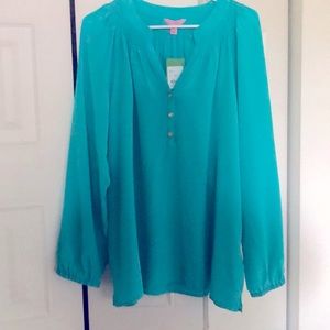 100% Silk XL Green collarless ruched- unworn.